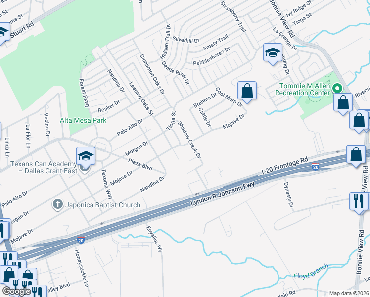 map of restaurants, bars, coffee shops, grocery stores, and more near 6648 Leaning Oaks Street in Dallas