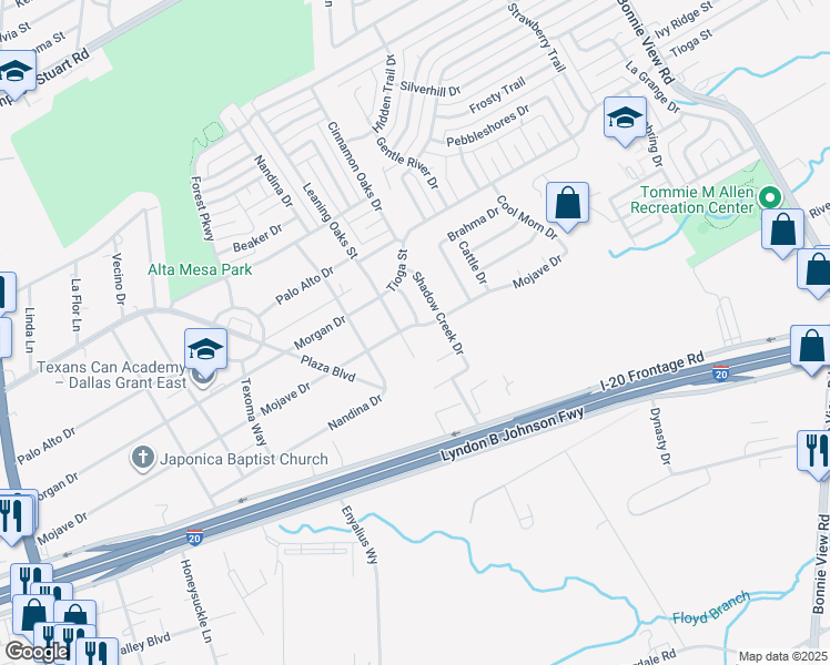 map of restaurants, bars, coffee shops, grocery stores, and more near 6648 Leaning Oaks Street in Dallas