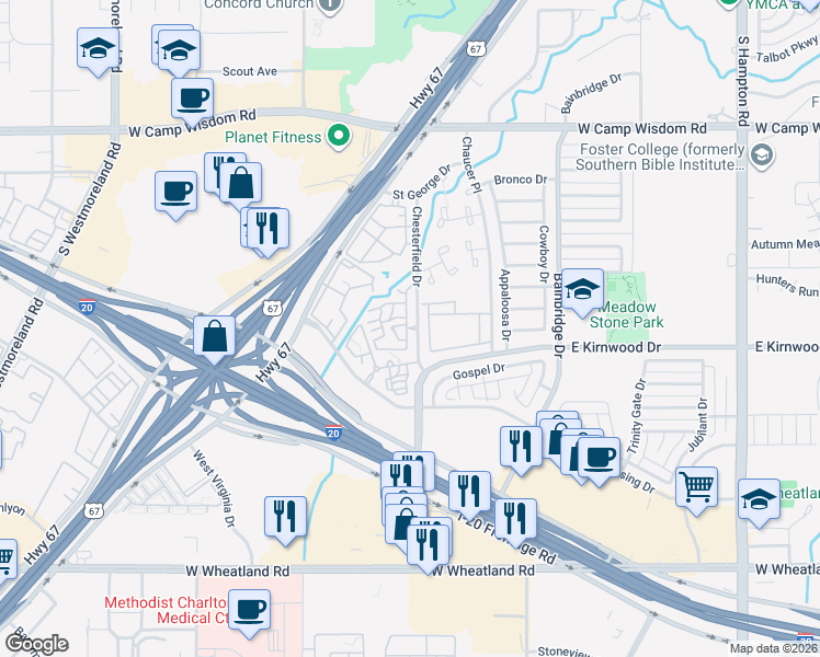 map of restaurants, bars, coffee shops, grocery stores, and more near 7501 Chesterfield Drive in Dallas