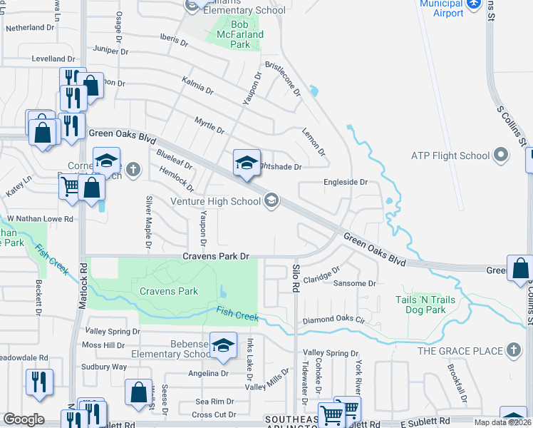 map of restaurants, bars, coffee shops, grocery stores, and more near 600 Green Oaks Boulevard in Arlington