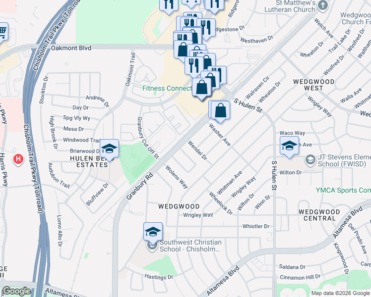 map of restaurants, bars, coffee shops, grocery stores, and more near 5335 Westminster Court North in Fort Worth