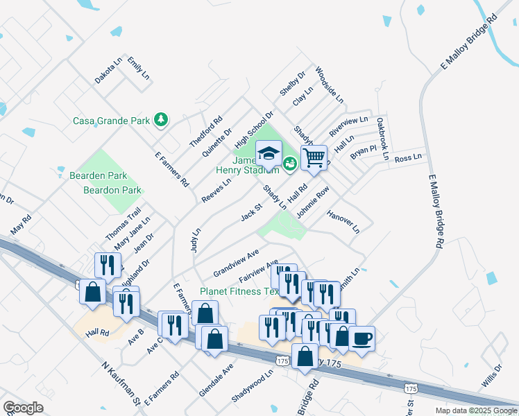 map of restaurants, bars, coffee shops, grocery stores, and more near 738 Jack Street in Seagoville