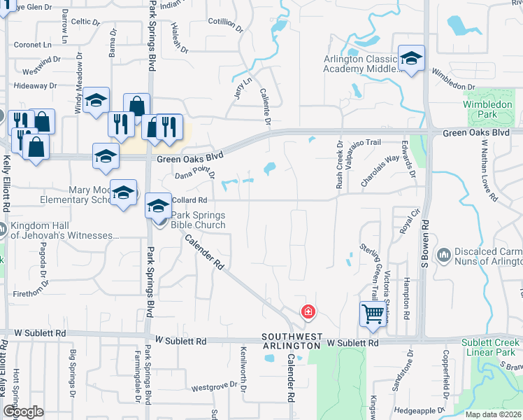map of restaurants, bars, coffee shops, grocery stores, and more near 5601 Rachel Court in Arlington