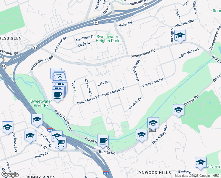 map of restaurants, bars, coffee shops, grocery stores, and more near 3161 Bonita Mesa Road in Bonita