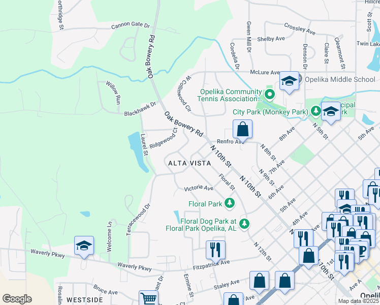 map of restaurants, bars, coffee shops, grocery stores, and more near 1302 Bonita Avenue in Opelika