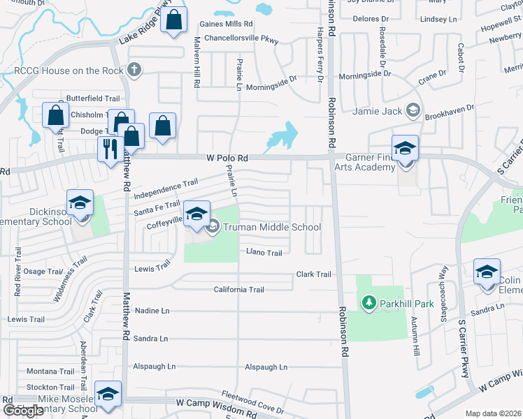 map of restaurants, bars, coffee shops, grocery stores, and more near 1117 Fort Scott Trail in Grand Prairie