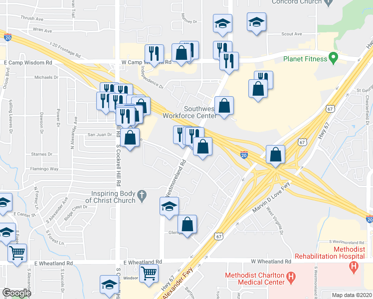 map of restaurants, bars, coffee shops, grocery stores, and more near 7491 South Westmoreland Road in Dallas