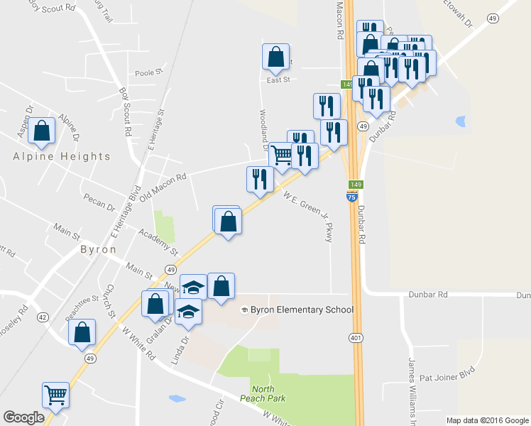 map of restaurants, bars, coffee shops, grocery stores, and more near 201 Highway 49 in Byron