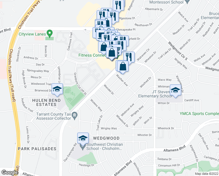 map of restaurants, bars, coffee shops, grocery stores, and more near 5301 Wendel Drive in Fort Worth