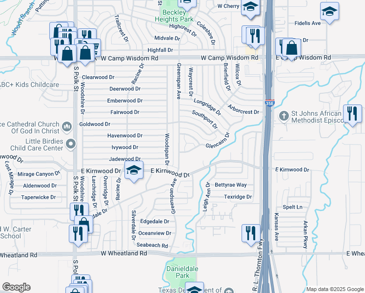 map of restaurants, bars, coffee shops, grocery stores, and more near 7703 Greenspan Avenue in Dallas