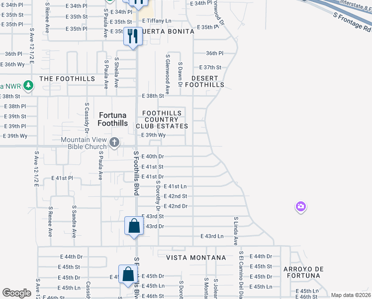 map of restaurants, bars, coffee shops, grocery stores, and more near 12132 South El Camino Del Diablo in Yuma