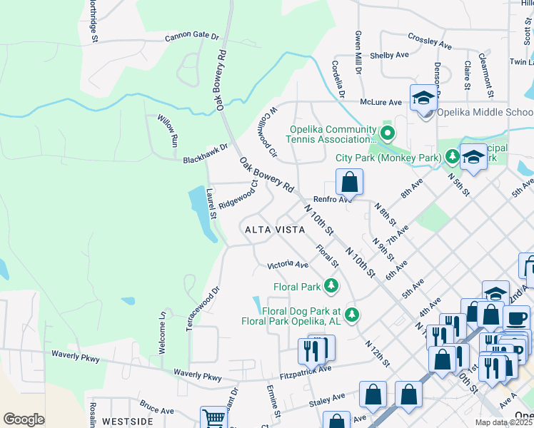 map of restaurants, bars, coffee shops, grocery stores, and more near 901 Lakeshore Avenue in Opelika