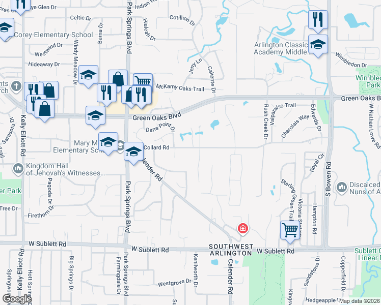 map of restaurants, bars, coffee shops, grocery stores, and more near 5606 South Archbridge Court in Arlington