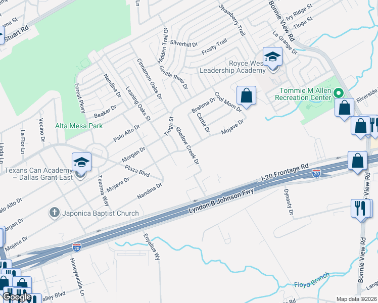 map of restaurants, bars, coffee shops, grocery stores, and more near 6732 Shadow Creek Drive in Dallas