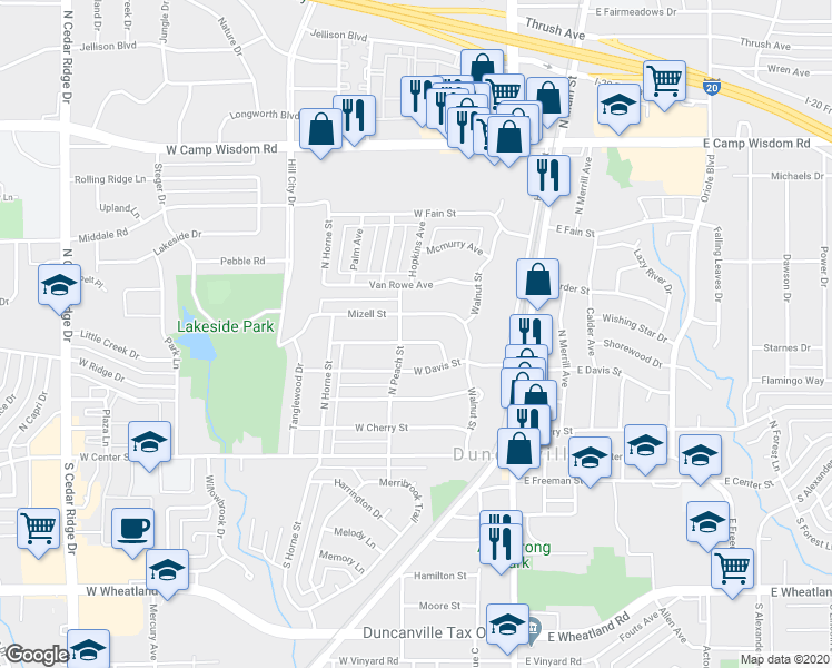 map of restaurants, bars, coffee shops, grocery stores, and more near 223 West Davis Street in Duncanville