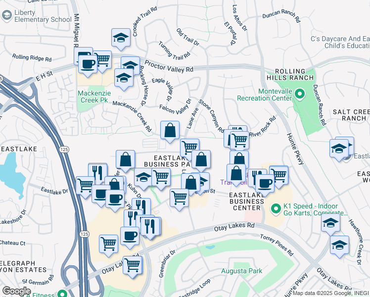 map of restaurants, bars, coffee shops, grocery stores, and more near Lane Avenue in Chula Vista
