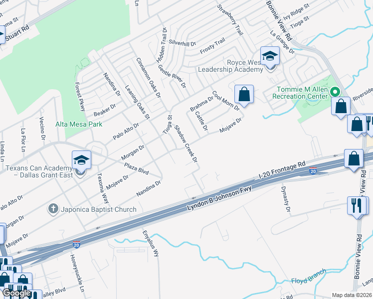 map of restaurants, bars, coffee shops, grocery stores, and more near 3372 Mojave Drive in Dallas