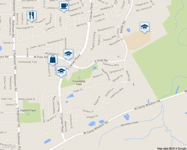 map of restaurants, bars, coffee shops, grocery stores, and more near 511 Breton Drive in Grand Prairie