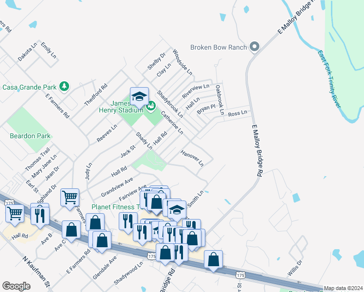 map of restaurants, bars, coffee shops, grocery stores, and more near 819 Ross Lane in Seagoville