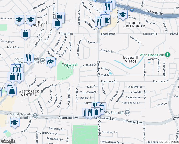 map of restaurants, bars, coffee shops, grocery stores, and more near 2017 York Drive in Fort Worth