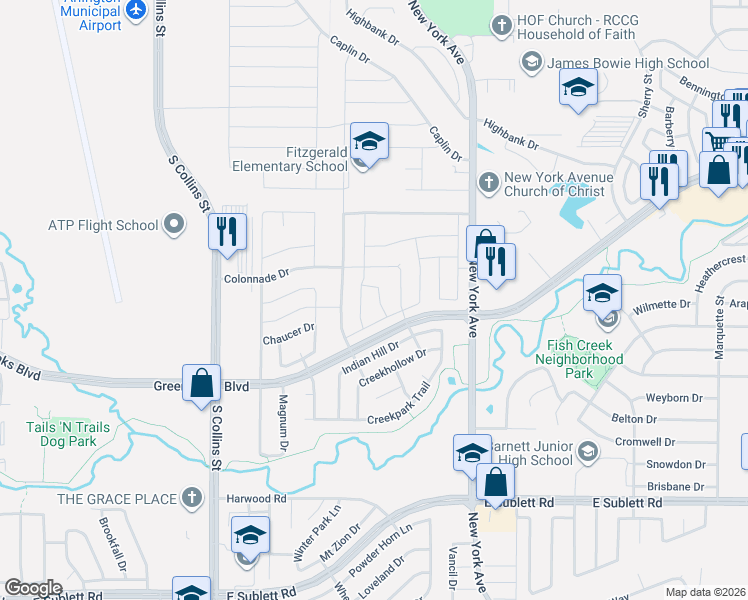 map of restaurants, bars, coffee shops, grocery stores, and more near 1603 Wickford Drive in Arlington