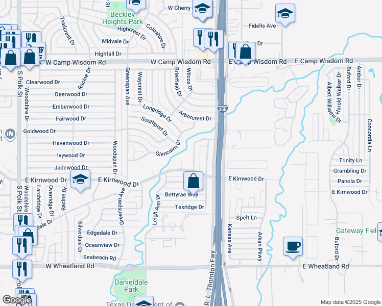 map of restaurants, bars, coffee shops, grocery stores, and more near 7629 Ryan Ridge Dr in Dallas