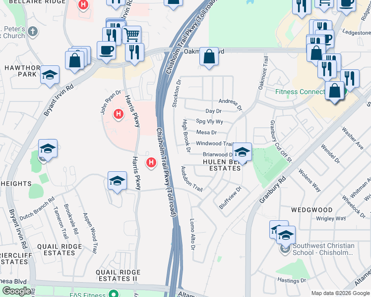 map of restaurants, bars, coffee shops, grocery stores, and more near 6959 Briarwood Drive in Fort Worth