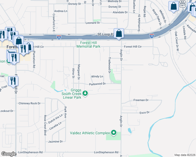 map of restaurants, bars, coffee shops, grocery stores, and more near 6849 Twin Oaks Drive in Forest Hill