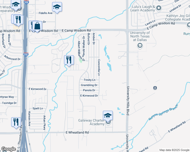 map of restaurants, bars, coffee shops, grocery stores, and more near 7536 Amber Drive in Dallas
