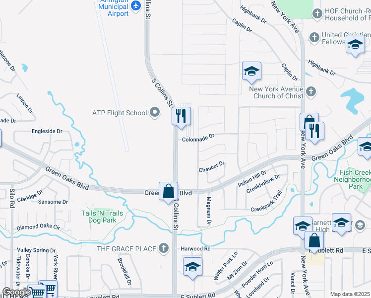 map of restaurants, bars, coffee shops, grocery stores, and more near 5409 South Collins Street in Arlington