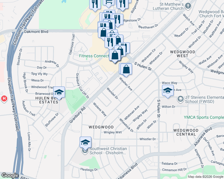 map of restaurants, bars, coffee shops, grocery stores, and more near 6336 Walraven Circle in Fort Worth
