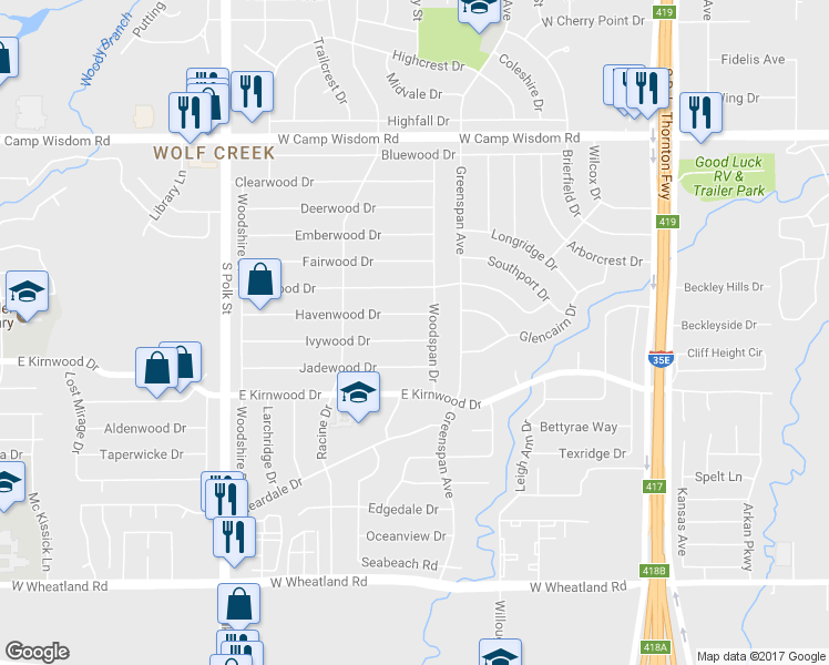 map of restaurants, bars, coffee shops, grocery stores, and more near 715 Havenwood Drive in Dallas