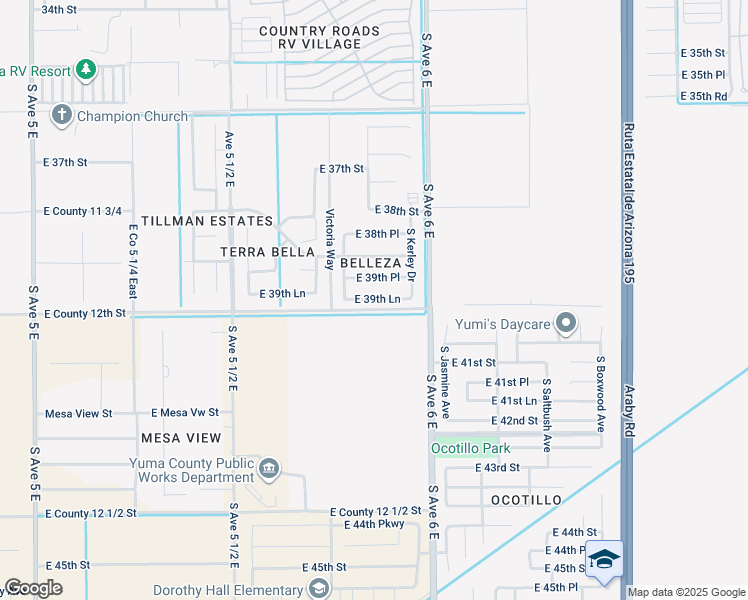 map of restaurants, bars, coffee shops, grocery stores, and more near 5871 East 39th Place in Yuma