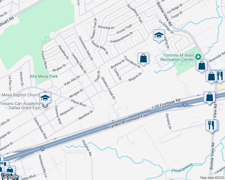map of restaurants, bars, coffee shops, grocery stores, and more near 6661 Happy Trails Drive in Dallas