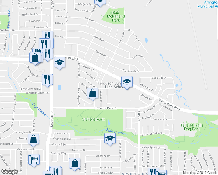 map of restaurants, bars, coffee shops, grocery stores, and more near 511 Lantana Drive in Arlington
