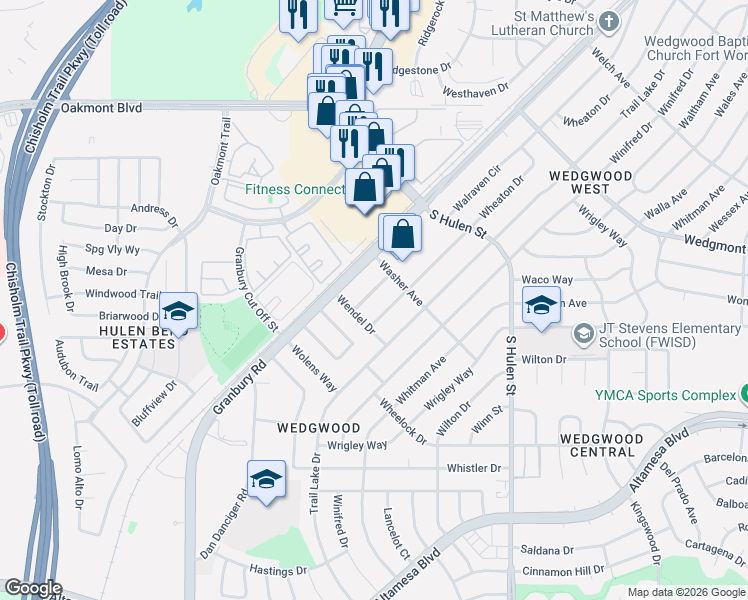map of restaurants, bars, coffee shops, grocery stores, and more near 6319 Granbury Road in Fort Worth