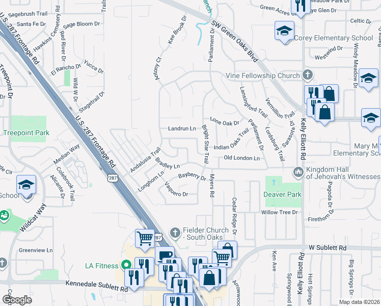 map of restaurants, bars, coffee shops, grocery stores, and more near 4904 Saddleback Road in Arlington
