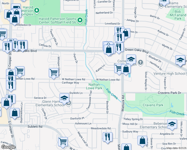 map of restaurants, bars, coffee shops, grocery stores, and more near 5502 Rolling Green Road in Arlington