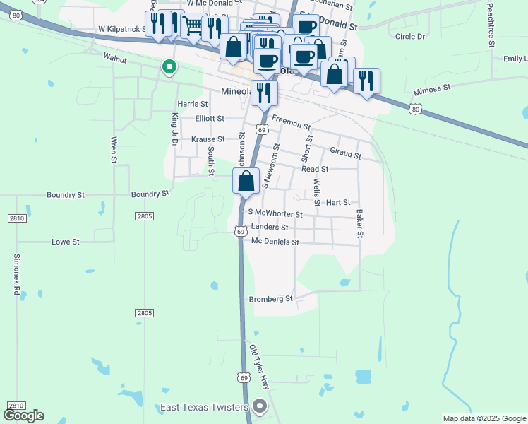 map of restaurants, bars, coffee shops, grocery stores, and more near 899 South Newsom Street in Mineola