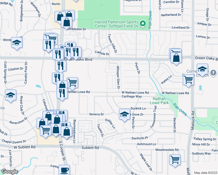 map of restaurants, bars, coffee shops, grocery stores, and more near 5520 White Dove Drive in Arlington