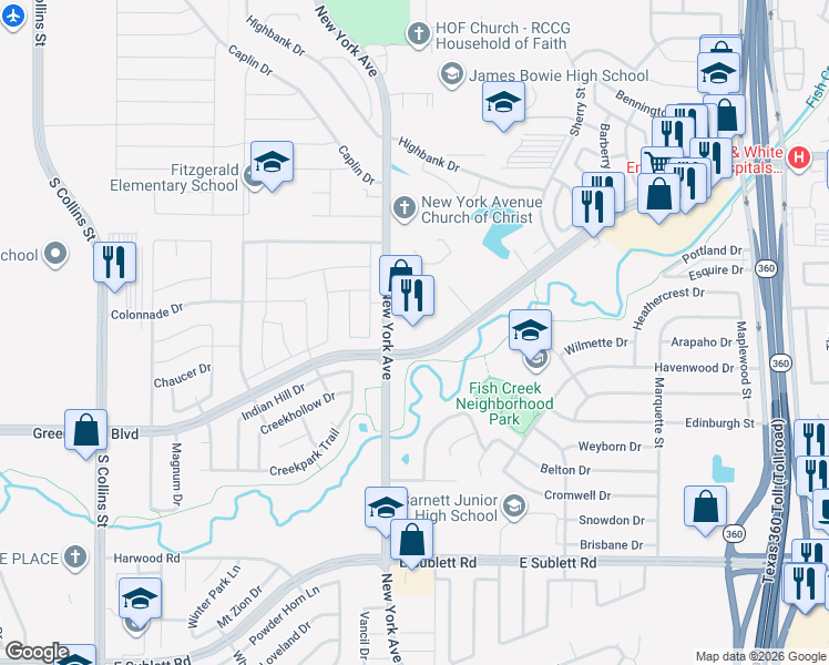 map of restaurants, bars, coffee shops, grocery stores, and more near 2001 Southeast Green Oaks Boulevard in Arlington