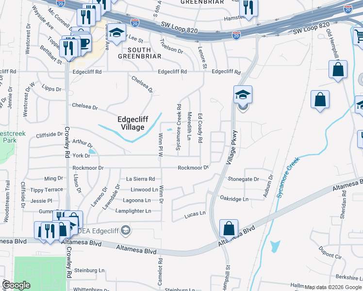 map of restaurants, bars, coffee shops, grocery stores, and more near 6016 Meredith Lane in Fort Worth