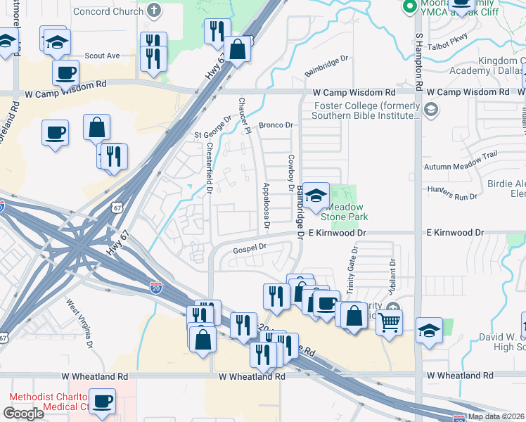 map of restaurants, bars, coffee shops, grocery stores, and more near 3129 Appaloosa Drive in Dallas