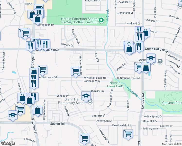 map of restaurants, bars, coffee shops, grocery stores, and more near 943 Grasswood Court in Arlington