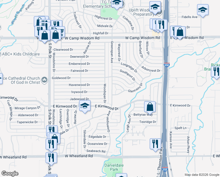 map of restaurants, bars, coffee shops, grocery stores, and more near 7625 Greenspan Avenue in Dallas