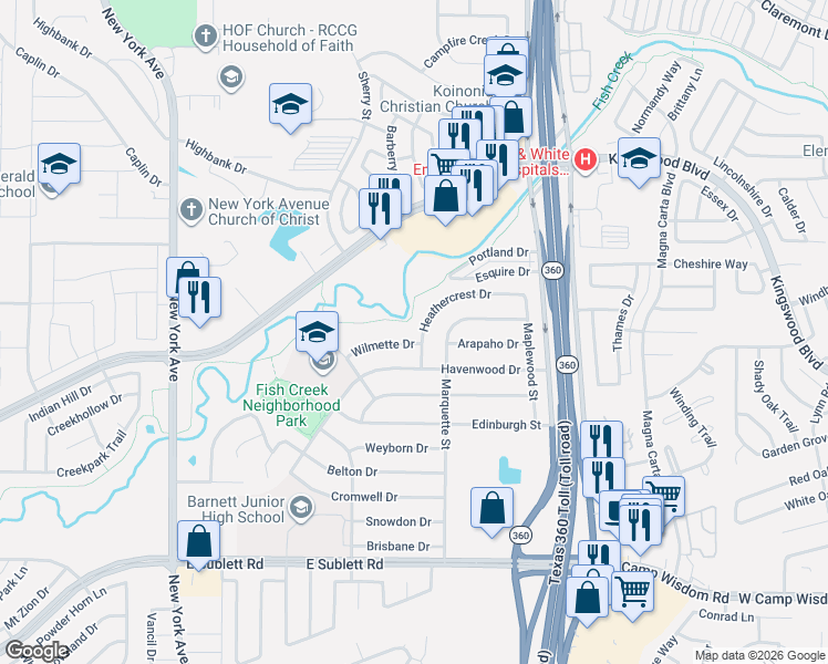 map of restaurants, bars, coffee shops, grocery stores, and more near 5514 Heathercrest Drive in Arlington