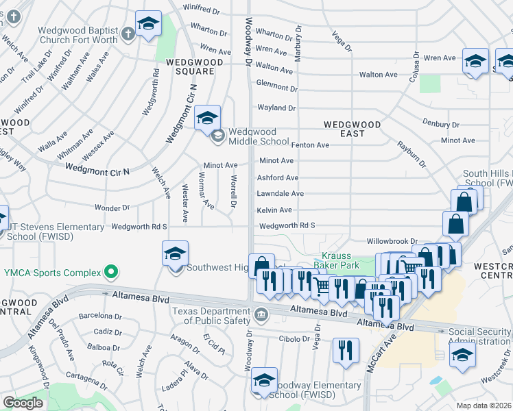 map of restaurants, bars, coffee shops, grocery stores, and more near 6012 Woodway Drive in Fort Worth