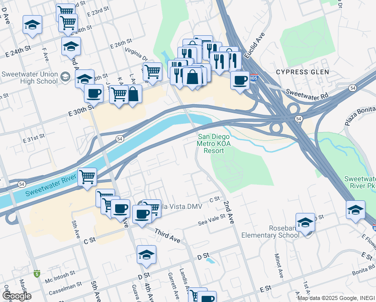 map of restaurants, bars, coffee shops, grocery stores, and more near 110 North 2nd Avenue in Chula Vista