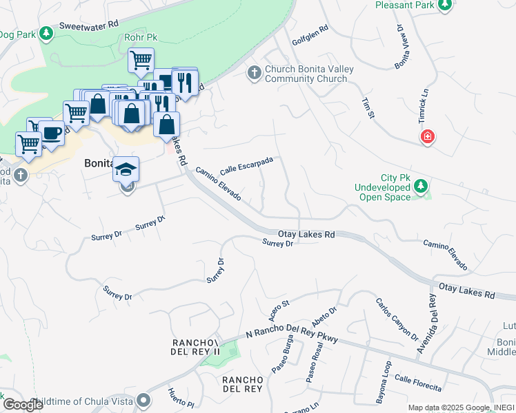 map of restaurants, bars, coffee shops, grocery stores, and more near 295 Camino Elevado in Bonita