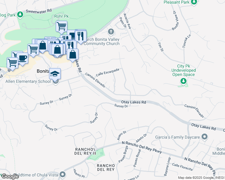 map of restaurants, bars, coffee shops, grocery stores, and more near 295 Camino Elevado in Bonita